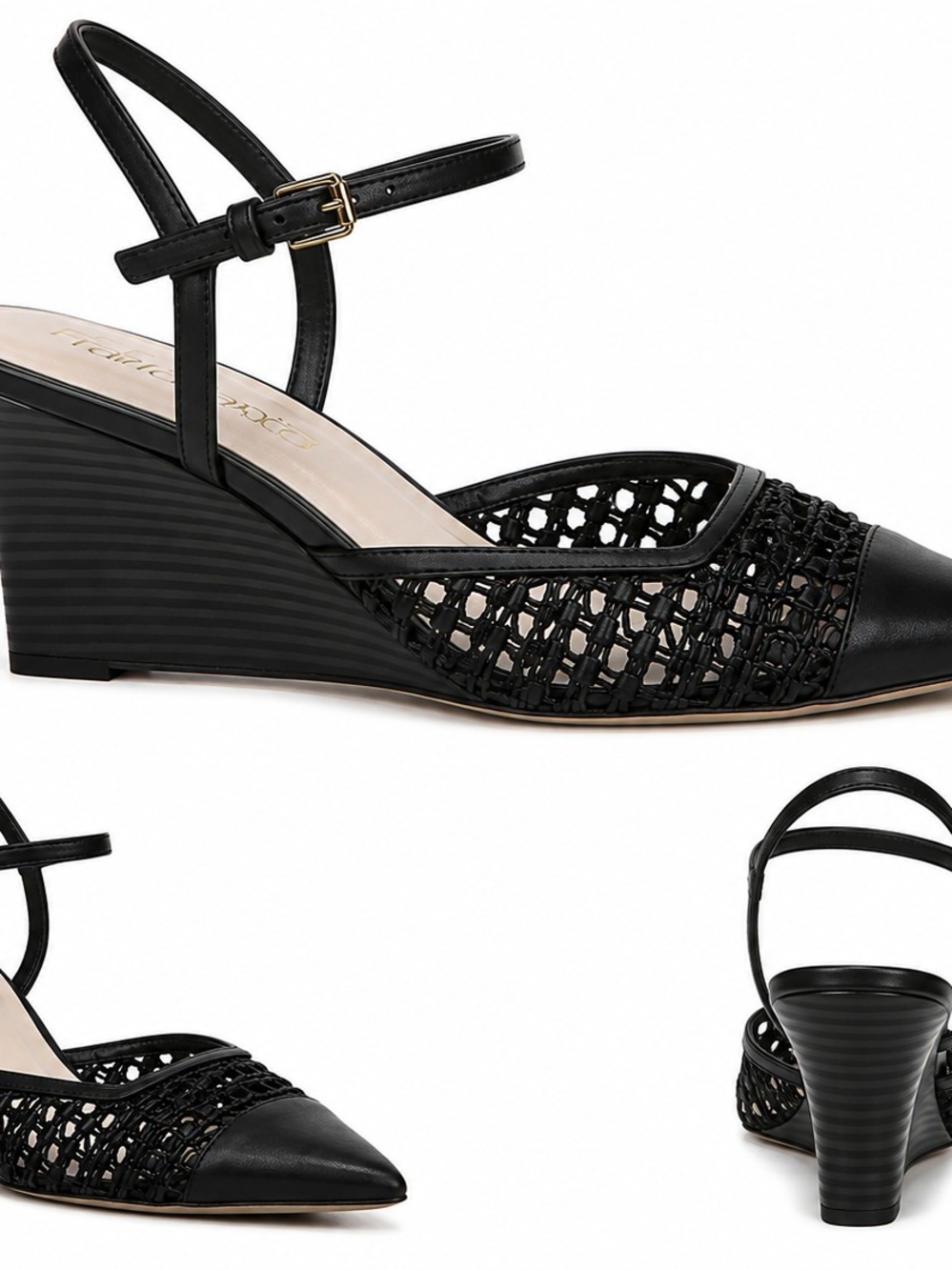 Franco Sarto Black Woven Slingback Wedge Heels with Ankle Strap